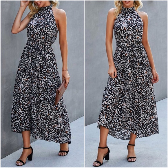 Boho Leopard Print Dot Halter Belted Midi Dress - Picture 2 of 2